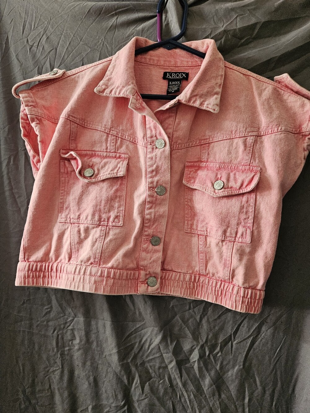 KROIX Women’s Pink Sleeveless Y2K Acid Wash Jacket Pockets Size M CropTop Button